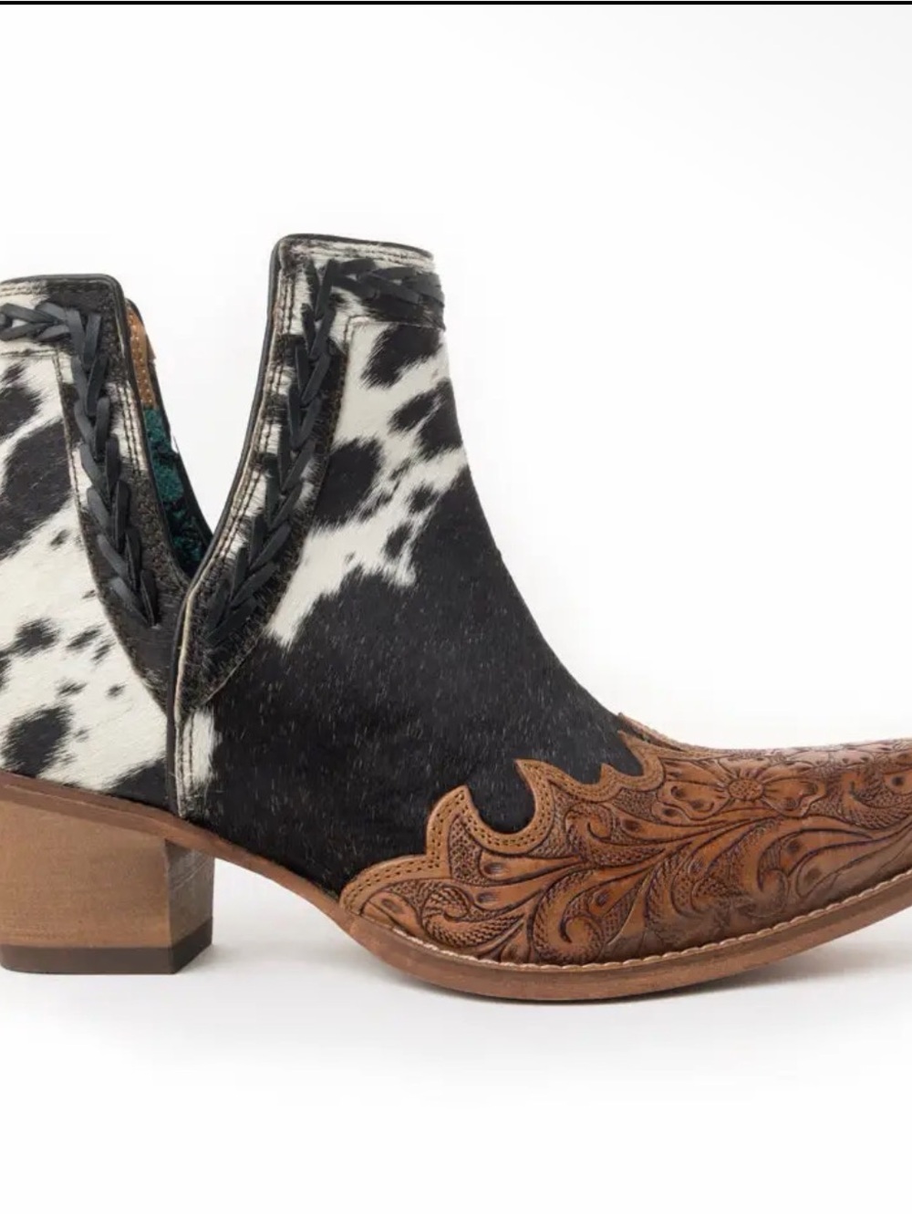 Myra Western Cowhide Ankle Boot with Tooled Leather Toe - Black & White